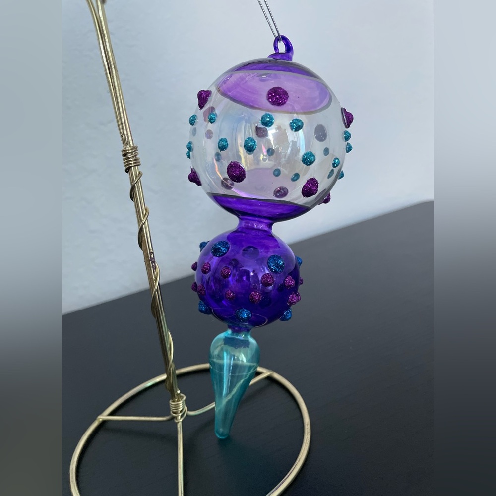 Vintage Glass Blown 3 Tier Purple & Blue with glitter Glass Ornament 7” H.